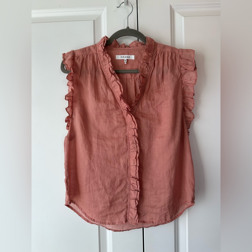 Frame Lauren Ruffle Trim Sleeveless Button Up V Neck Top Terracotta Pink Size Xs